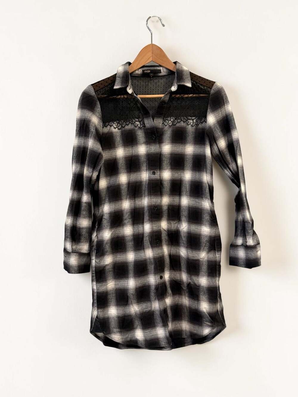 Maje H16RAJA Plaid Tunic Long Shirt Dress with Lace and Dot Mesh Inserts Size 1